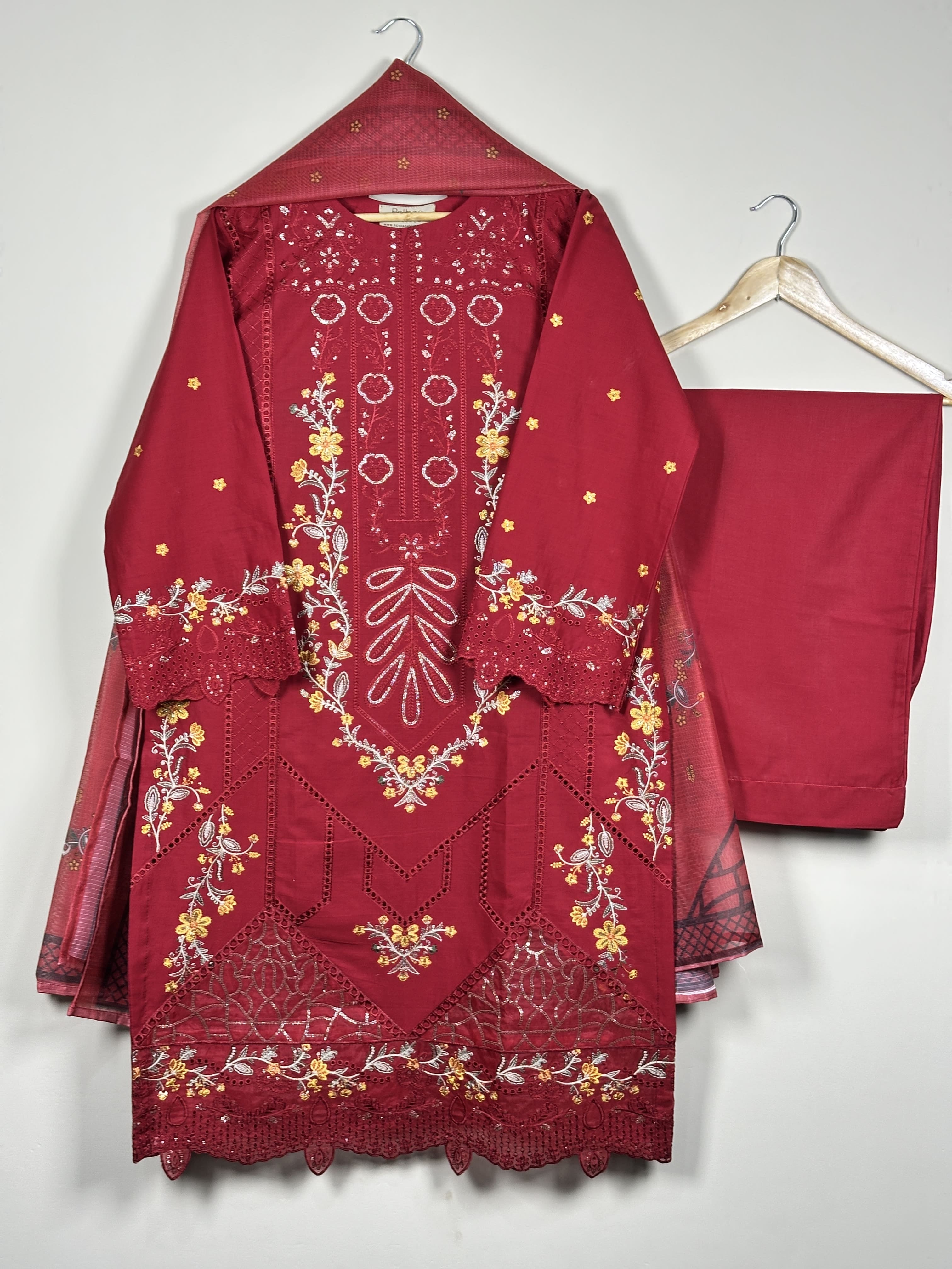 ARA-617- Red-3Pc Ready To Wear Embroidered Lawn Dress