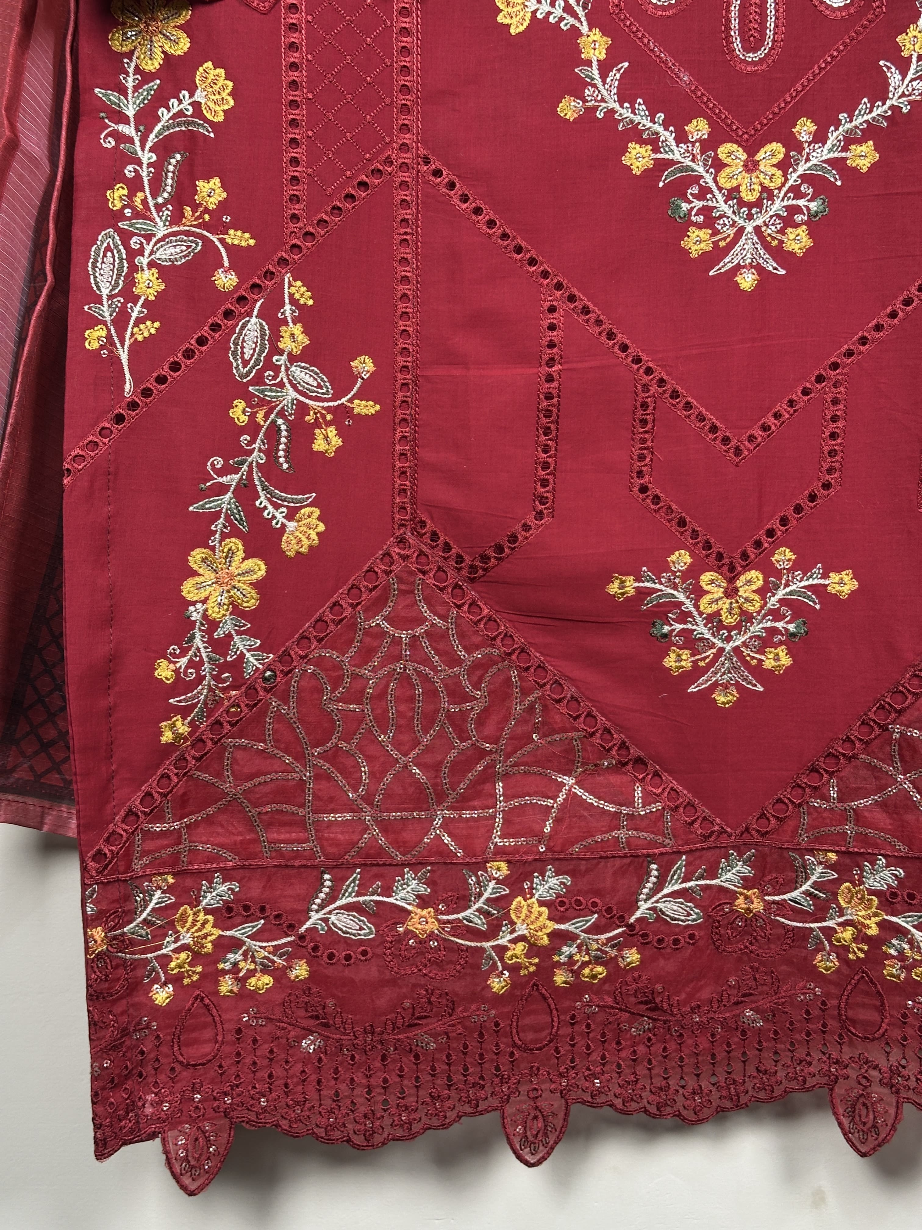 ARA-617- Red-3Pc Ready To Wear Embroidered Lawn Dress