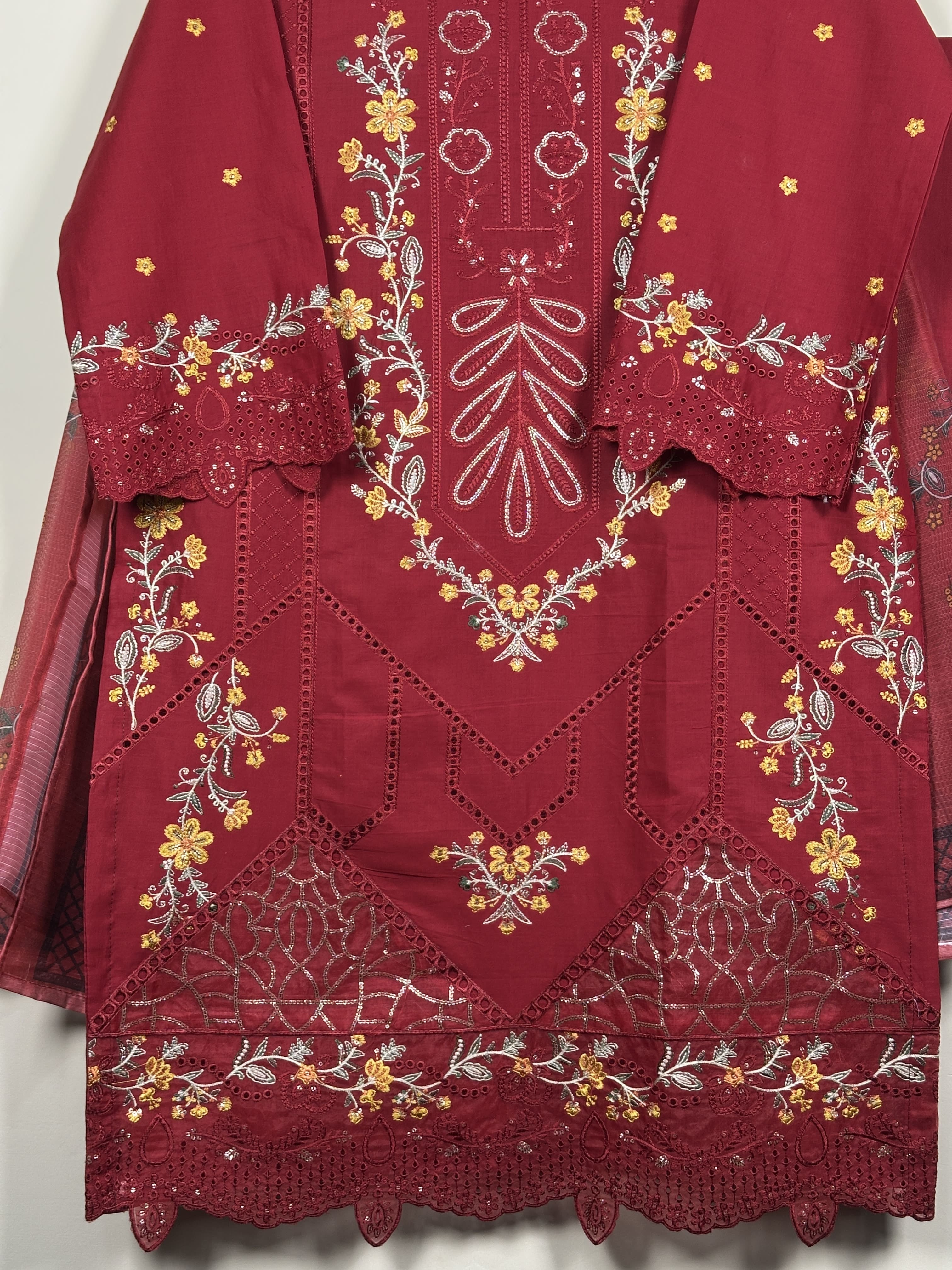 ARA-617- Red-3Pc Ready To Wear Embroidered Lawn Dress