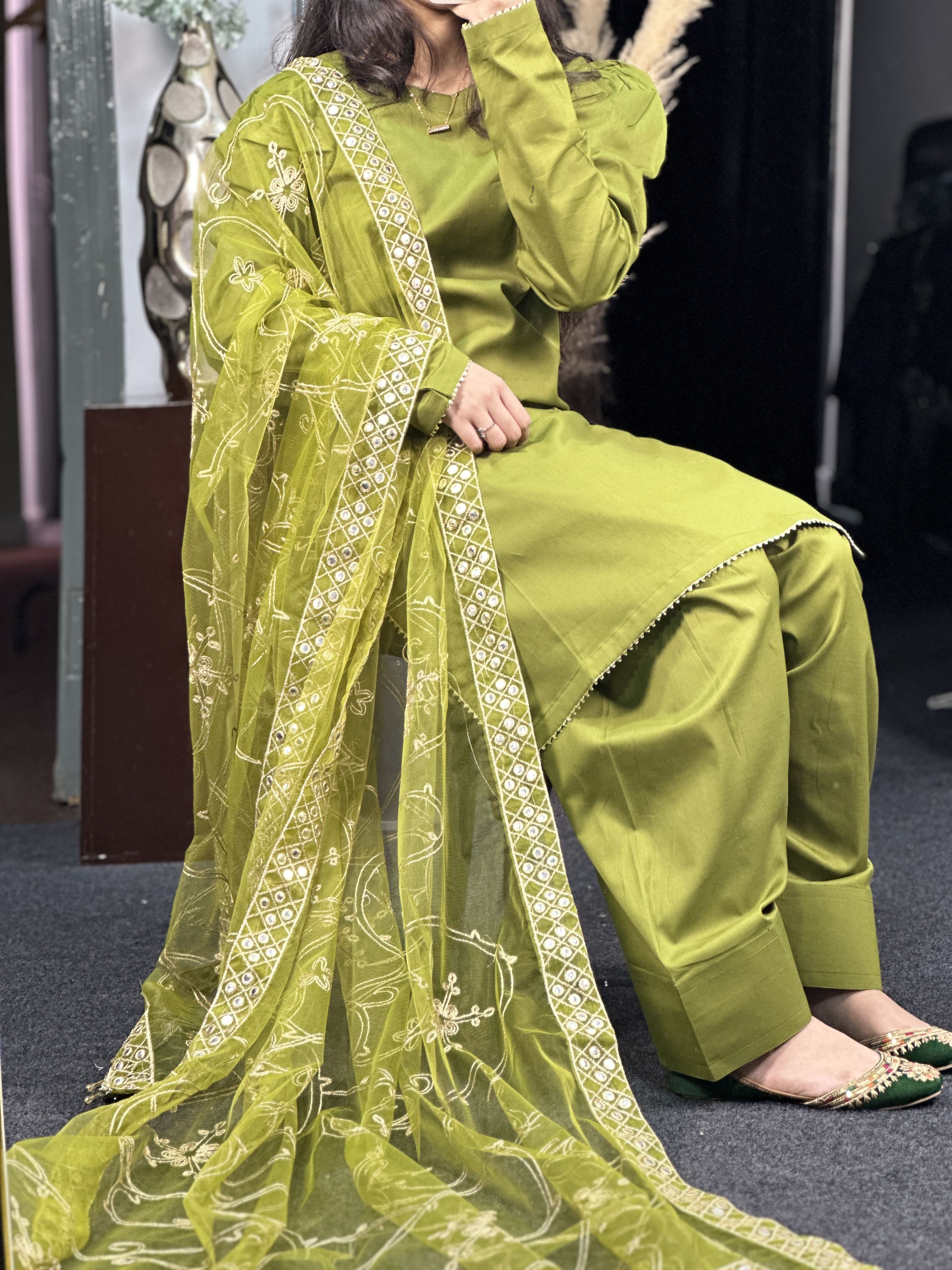 3 PIECE PLAIN LAWN SUIT STITCHED - ARA-623-OLIVE DRESS