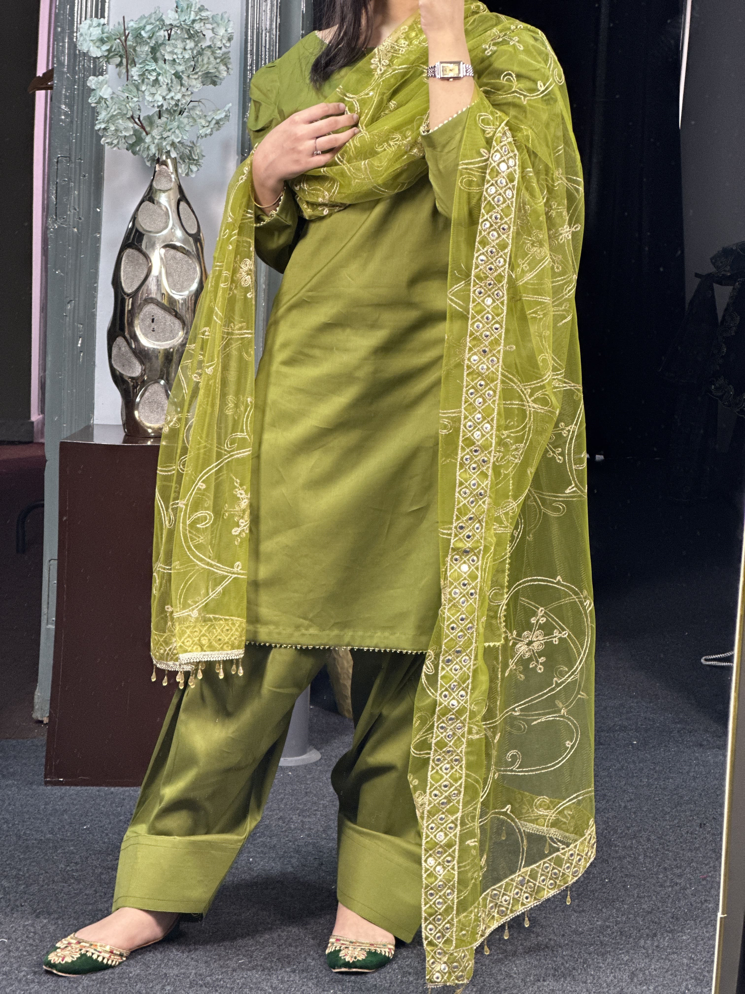 3 PIECE PLAIN LAWN SUIT STITCHED - ARA-623-OLIVE DRESS